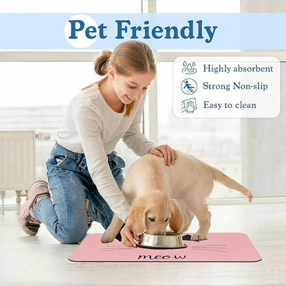 Pink Cat Meow Dog Food Mat–Christmas Stocking Absorbent Quick Dry Feeding Placemat for Food and Water Bowls, Non Slip Rubber Backing, Waterproof Pet Supplies for Mess-Free Eating 16"x24"