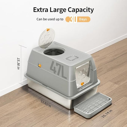 Stainless Steel Cat Litter Box with Lid, XL Large Enclosed High Sided Litter Box with Removable Lid, Carbon Filters -Odor Free, Easy Cleaning, Anti-Urine Leakage for Big Cats/Multiples-Grey