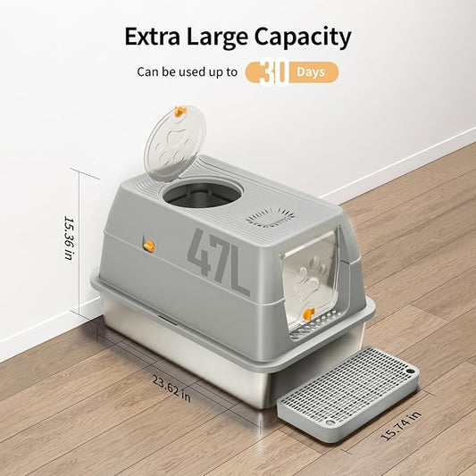 Stainless Steel Cat Litter Box with Lid, XL Large Enclosed High Sided Litter Box with Removable Lid, Carbon Filters -Odor Free, Easy Cleaning, Anti-Urine Leakage for Big Cats/Multiples-Grey