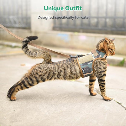 Tactical Cat Harness and Leash for Walking Escape Proof Breathable Mesh Fabric, Green Jungle Camo, Large, Adjustable Cat Walking Jackets, Padded Stylish Cat Vest