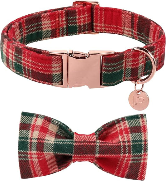Christmas Plaid Dog Collar with Bow Tie– Adjustable Red & Green Checkered Dog Collar for Small Medium Large Dogs, Soft Xmas Plaid Puppy Collars with Quick Release Buckle L