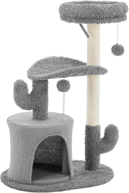 Sweetcrispy 33" Cat Tree Tower for Indoor Cats, Small Cat Scratching Post with Curved Bed, Cat Tree with Cat Condo for Adult, Grey