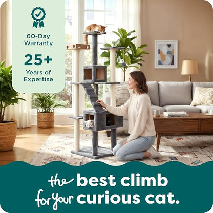 FurHaven 69.3" Tall Cat Scratching Post Tower for Indoor Cats, Sisal Cat Tree with 2 Condos, Tiger Tough Double Decker Playground, Toys & Perches for Cats, Sisal, Silver Gray