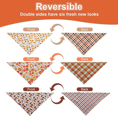 Fall Dog Bandanas Large 3PCS, 6 Pattern Thanksgiving Scarf for Boy and Girl, Pumpkin Leaves Flowers Triangle Reversible Bibs Breed for Puppy Pets