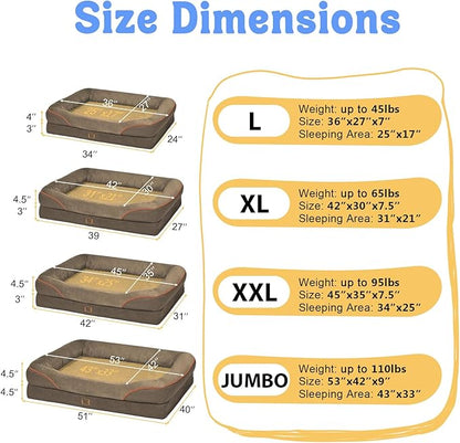 Washable Orthopedic Large Dog Bed -XL Large Dog Bed with Removable & Waterproof Cover Pet Beds with Foam Support for Big Size Dogs with Bolster