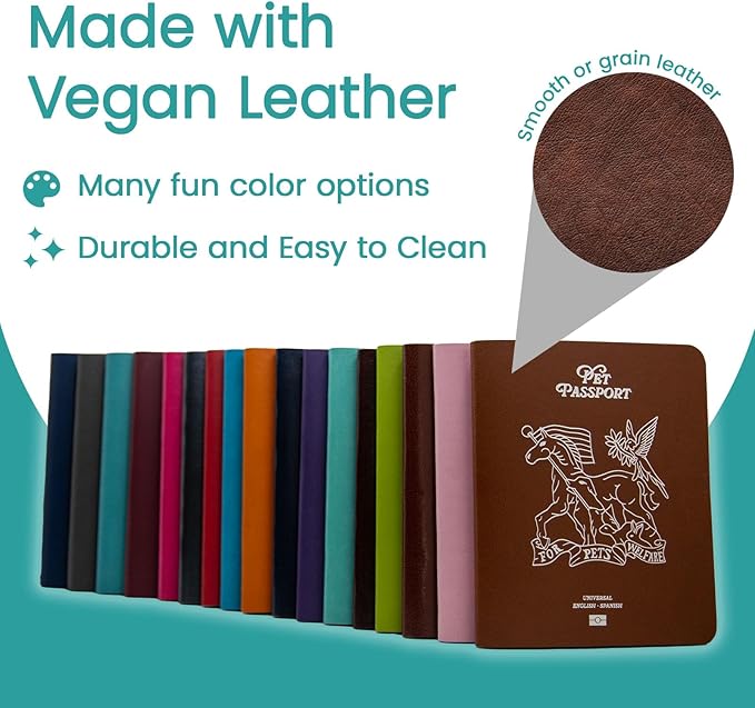Color Premium PU Leather stitch-sewn US Pet Passport Medical Record for Pet Health and Vaccination English + Spanish for Cat, Dog, Puppy and Kitten (Teal, Single)