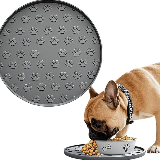 Silicone Dog Food Mat,Silicone Pet Food Mat Cat,Rubber for Dog Bowls Mats for Food and Water Bowl Feeding Round Paw Print（1 Pcs，Gray）