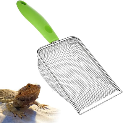 Stainless Steel Mesh Litter Shovel, Fine Mesh Metal Reptile Litter Cleaner Scooper, Green Non-Slip Handle Sifter for Lizard Substrate Reptile Terrarium Sand Waste