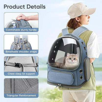 Cat Backpack Carrier, Breathable Cat Bubble Backpack for Kitty & Small Dog, Large Space Cat Carrier Backpack, Foldable Airline Approved Carrier for Trip Vet Travel up to 18lbs（Blue）
