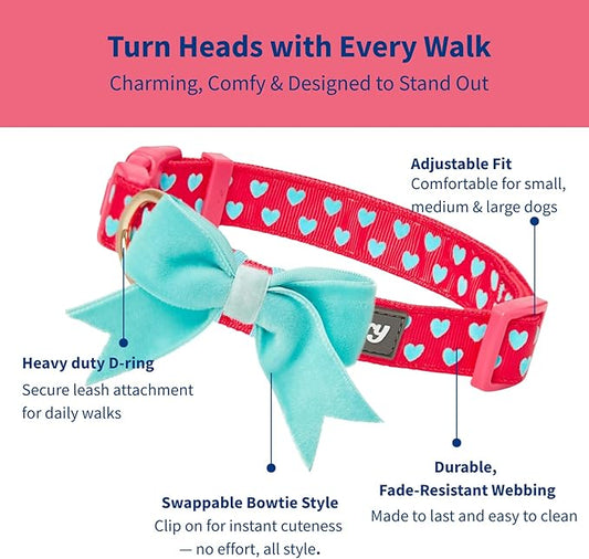 Blueberry Pet Dog Collar with Bowtie, Neck 14.5-20" Adjustable for Medium Dogs, Lust Red Heart Design, Valentines Day Girl Dog Collars, Non-Stretch, Secure Fit, Puppy & Female Dog Accessory