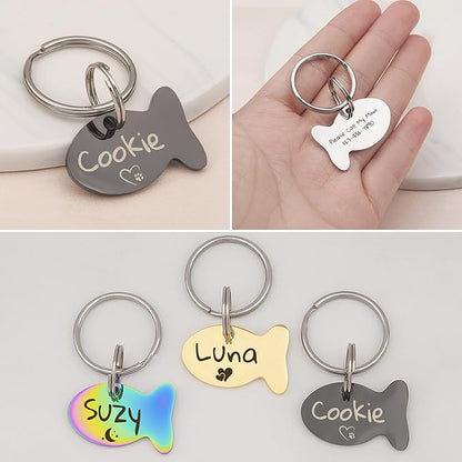Anavia Small Size Dog Cat ID Tags, Small/XS Personalized Color Plated Stainless Steel Puppy Kitten Name Tags, Customized Engraved Nameplate Pet Collar Tag (Black, Fish)