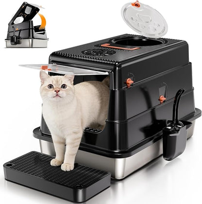 Stainless Steel Cat Litter Box with Lid, Enclosed Extra Large Metal Litter Pan for Big Cats, Full Flip Cover High Sided LitterBox Include Scoop, Easy Cleaning, Non-Stick, Black