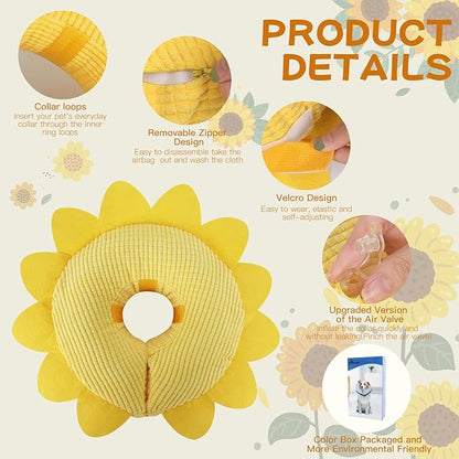 IEUUMLER Inflatable Recovery Dog Collar, Protective Donut Cone, Adjustable Soft Collar for Dog and Cat After Surgery Prevent from Biting & Scratching EU002 - Sunflower L