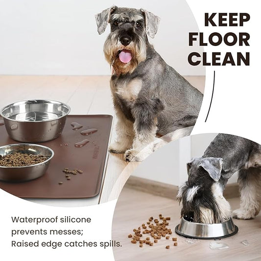 VIVAGLORY Dog Food Mat Flexmat Dog Bowl Mat, Placemat Food Tray with Raised Edges & Lip for Indoor Floor, Non Slip Waterproof Silicone Dish Placemat for Cat & Pet, L, Chocolate