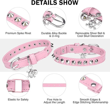 Leather Cat Collars for Boy Girl Cats with Bell and Safety Elastic Belt, Personalized Rivets Stud Adjustable Safe Buckle Collar with Skull Charm for Kitty Small Pets, Halloween Cat Collar