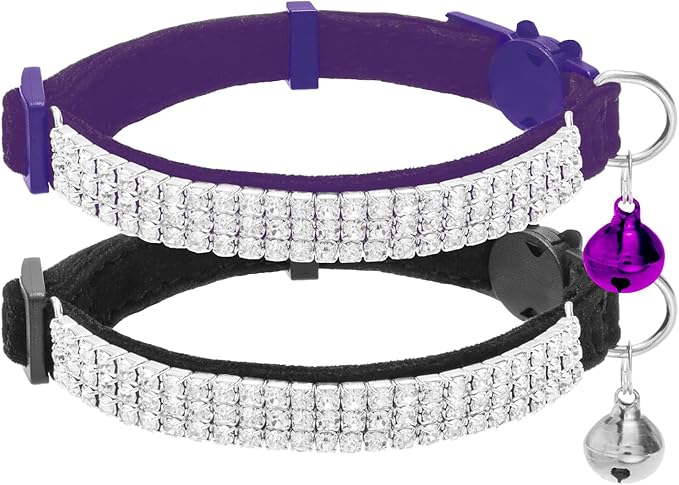 EXPAWLORER Soft Velvet Safe Cat Collars for Girl Cats -2 Pack Rhinestones Bling Diamante Adjustable Collars Breakaway- Chirstmas Cat Clollar Gifts with Bells for Boy Cats Kitty and Small Dogs