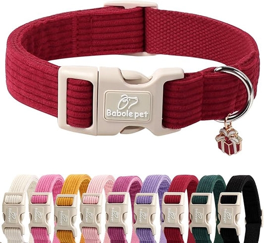 Cute Corduroy Dog Collar - Burgundy Adjustable Dog Collars for Small Dogs 10-25lbs, Fade-Proof with Secure Snap & Little Charm, Christmas Birthday Gift, S