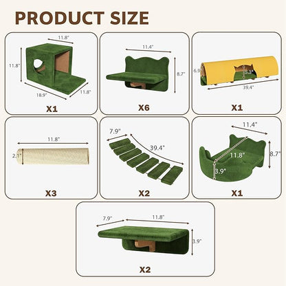 16-in-1 Cat Wall Shelves, Wall Mounted Cats Furniture Set w/Plush Fabric, Cat Climbing Systems, Cats Shelf with 40''L Tunnel, Condos, House, Steps, Bridge Ladder & Scratching Post, Green