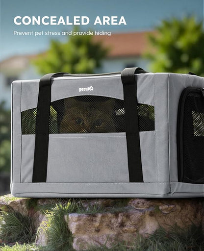 Pecute Cat Carrier Stable, Pet Carrier with Hidden Anxiety Relief Partition & Stable Steel Frame, Safe Cat Carrier for Car Travel, Soft-Sided Dog/Cat Carrier Bag for Pets Up to 11lbs, Gray