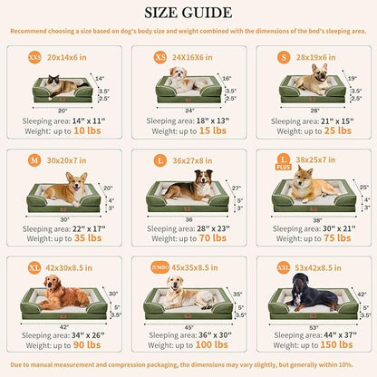 Comfort Expression Orthopedic Dog Bed for Large Dogs 38x25 Inch, Waterproof Supportive Egg Crate Foam Large Pet Bed with Removable Bolster, Dog Couch with Washable Cover & Non-Slip Bottom, Light Green