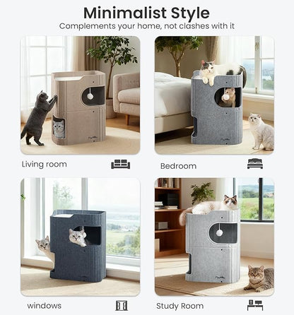 Made4Pets Cat House for Indoor Use, 2-Storey Cube Bed Cave, Covered Hideaway Condo with Scratch-Resistant Felt, Foldable Easy-to-Clean Design for Multi-Cat Homes, Marble White