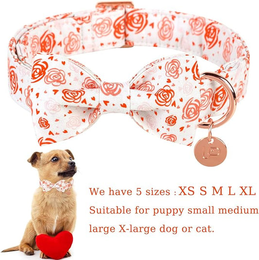 UP URAR PUP Valentine's Dog Collar With Bowtie for Puppy Girl Boy Dog or Cat, Gift Collar With Metal Buckle, Wedding Dog Collar, White, XS