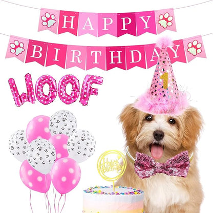 AROIC Dog Birthday Bandana Set, Pet Party Decorations Kit with 2 Bandanas, Fun Pet Birthday Party Decorations for Small Medium Dogs Pets, Cute Puppy Celebration Outfit with Hat, Bow Tie & Balloons