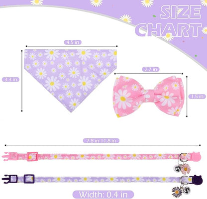 EXPAWLORER Cute Cat Collar Breakaway with Bells - 2 Pack Adjustable Floral Pet Collar with Removable Bow Tie and Bandana, Safety Buckle for Girl Boy Cats Kitten, Pink Purple Daisy