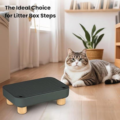 Litter Box Step, Litter Box Ramp/Catcher with Wooden Base, Anti-Tracking & Easy to Clean, Ideal for Small & Elderly Cats (Black)
