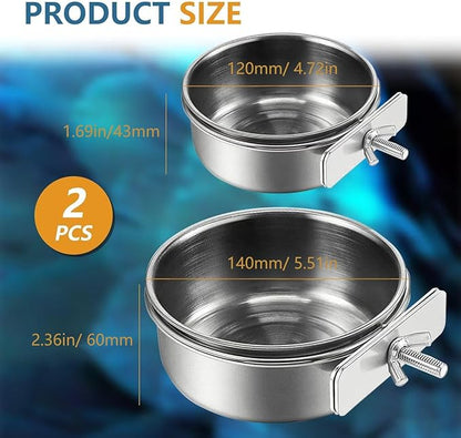 2Pcs Stainless Steel Bird Feeding Bowls, Small Bird Feeding Cup, Stainless Steel Parrot Food Bowl Cage with Holder, Parrot Cage Water Feeder, Pet Cage Cup Holder (Dia 4.72", 5.51",)