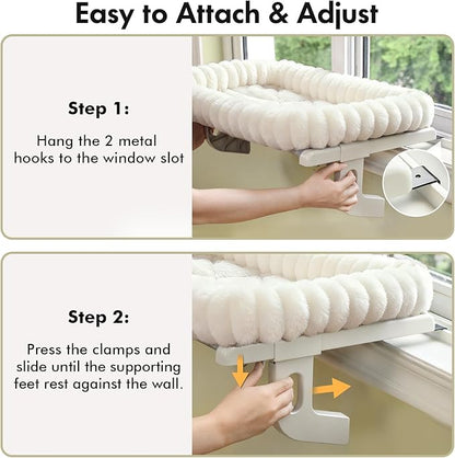 Cloud-Cuddle Cat Window Perch with 4-Sided Bolster, Zipper Design Cushion Window Seat for Window Sill, Sturdy Metal Frame & Easy Assembly Pet Hammock Bed for Indoor Cats (White, Medium)