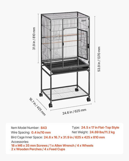 VEVOR Bird Cage, 24.6 x 16.7 x 53.9 inch, Flat Top, Wrought Iron Bird Flight Cage with Perches, Slide-Out Tray and Plastic Feeders, Casters, for Parrot, Blue Tit, Cockatiel, Canary, Budgerigar, Conure