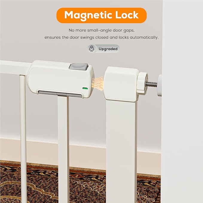 29.5-40.6" Magnetic Baby Gate for Stairs, Pressure Mounted Dog Gate Indoor, Auto Close Pet Gate for Doorways No Drilling, Easy Install Baby Essentials with Large Walk Thru Door, White