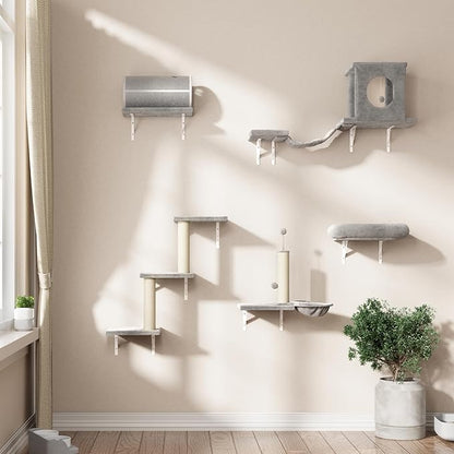 7-in-1 Cat Wall Shelves, Wall Mounted Cat Climber Set, Cat Furniture with House, Tunnel, Bridge, Steps, Scratcher, Hammock, Shelves for Indoor, Gray