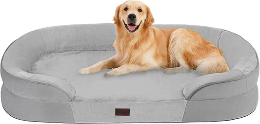 Dwanton Orthopedic Dog Bed for Large Dogs with Gel Memory Foam, Waterproof Dog Sofa, Washable Pet Bed with Four Sided Bolster Cushion, Removable Cover & Non-Slip Bottom, 42", Light Gray