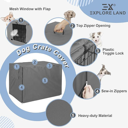 Explore Land Dog Crate Cover Heavy Duty Polyester Pet Kennel Sunshade Universal Fit for 30 inches Wire Cage (Grey)