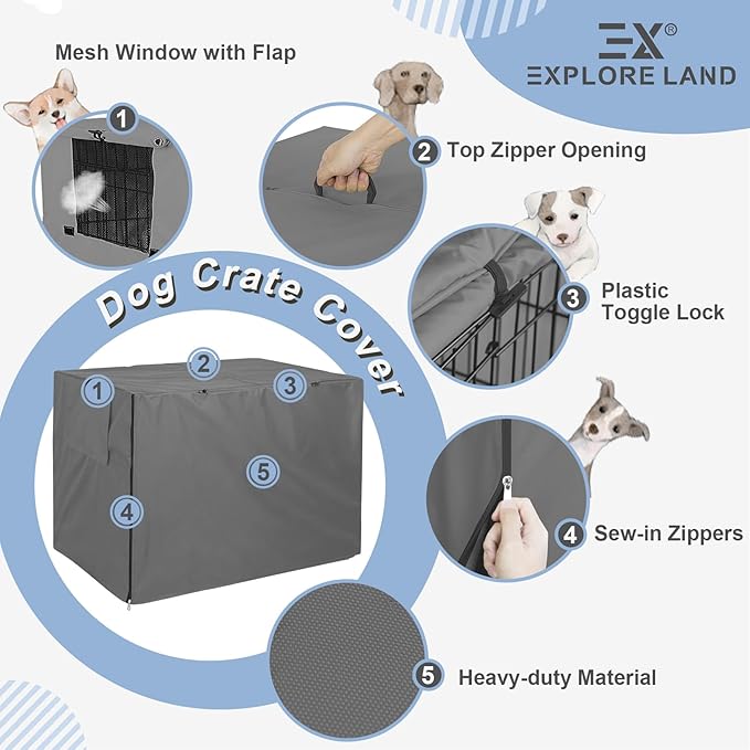 Explore Land Dog Crate Cover Heavy Duty Polyester Pet Kennel Sunshade Universal Fit for 48 inches Wire Cage (Grey)