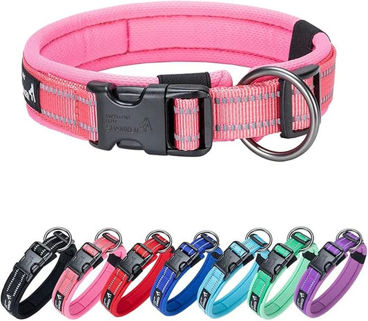 EXCELLENT ELITE SPANKER Reflective Dog Collar Classic Soft Padded Breathable Nylon Adjustable Pet Collar with Quick Release Buckle for Boy Girl Male Female Small Medium Large Dogs Training(Pink-XL)