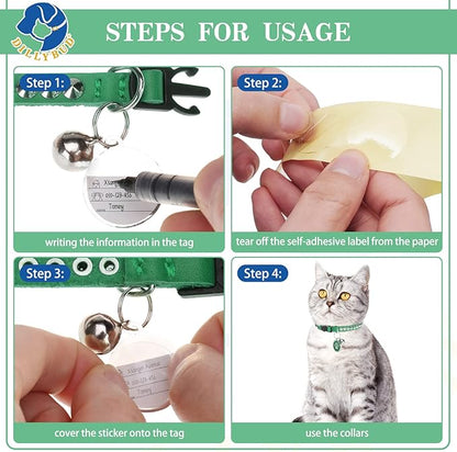 Leather Personalized Breakaway Cat Collar with Studded Bell and Safety Quick Release Buckle - Rivets Studded ID DIY Collars for Boy Girl Cats Kittens, 9" - 11.5" Green