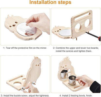 Feeder with Acrylic Mirror & Stainless Steel Bowls, Natural Wood Perch, Cage Accessories, Parakeet Cage Supplies, Tool-Free Adjustable Kit for Parakeet, Cockatiel & Lovebird