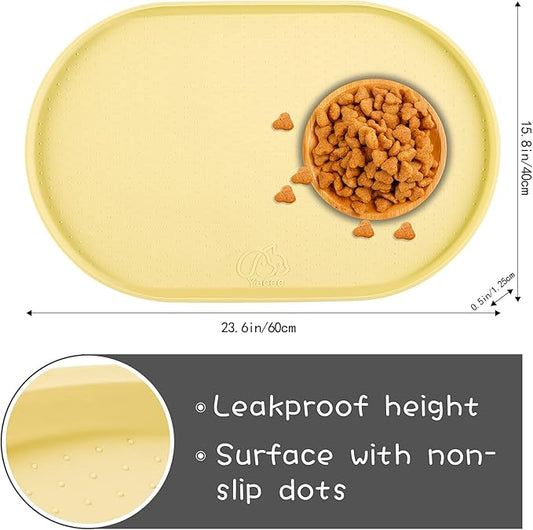 100% Waterproof 0.5" Raised Edge BPA Free Silicone Dog Food Mat, Pet Cat Feeding Mats Contain Spills Protects Floors, Placemats for Cats and Dogs Water Bowl Dishwasher. (Large/XL, Yellow)