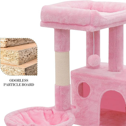 Athena Collection Cat Tree, 36 Inch Tall Cat Tree Tower for Indoor Cats, Multi-Level Cat Tower House Activity Center Climbing Tower with Cat Condo & Hammock & Scratching Post & Dangling Ball, Pink