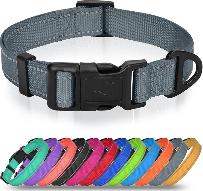 Joytale Small Dog Collar, Reflective and Adjustable Nylon Collar with Quick-Release Buckle, Lightweight No-Choke Design for Small Dogs, Gray, 3/4" Width