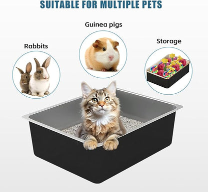 Stainless Steel Cat Litter Box - XL Metal High Sided Cat Pan Tray, Easy to Clean Non Stick Odorless Large Pet Toilet Supplies for Big Cats Kitty Kitten, 23.6 x15.75 x6 Inch, Black