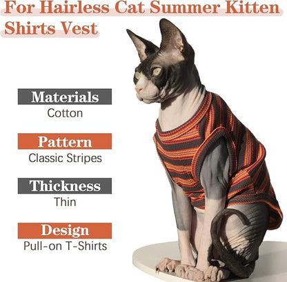 BRKURLEG Sphynx Hairless Cats Shirt Puppy Clothes Soft Cotton T-Shirts Cute Cats Pajamas Cat Stripes Vest Pet Sweater, Round Collar Vest Kitten Shirts(Red Stripes, M)