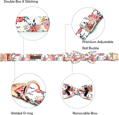 Lionheart glory Dog Collar Bow Collar Floral Dog Collar with Bow Tie Spring Summer Cute Collar Dog Boy or Girl Dog Collars Soft Durable Adjustable Dog Collars for Medium Dogs