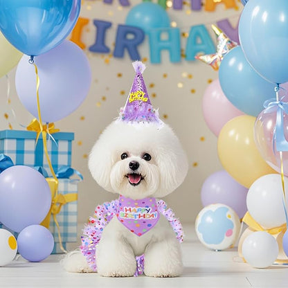 Dog Birthday Bandana with Hat and Dress Girl Set Puppy Birthday Party Supplies Cute Tutu Skirt Outfit for Small Medium Large Dogs Decorations(Purple)