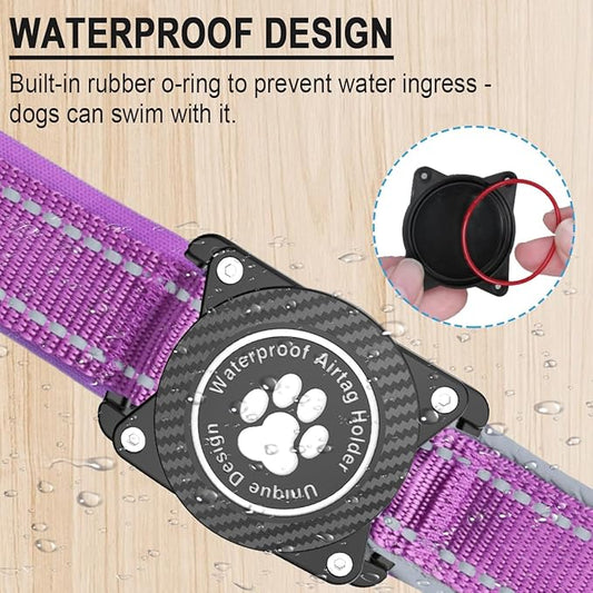 Airtag Dog Collar with Waterproof Air Tag Holder, Luminous Reflective, Soft Padded, Adjustable Nylon Pet Collar for Small Medium Large Heavy Duty Dogs,Purple, XL