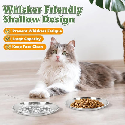 8-Pack Stainless Steel Cat Food Bowls, Shallow Whisker-Friendly Non-Slip Silicone Base Metal Dishes, Easy to Clean Indoor Feeding Flat Plates for Cat, Kitten, Small Dog (6.7")