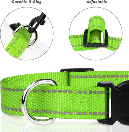 TagME Reflective Nylon Dog Collars, Adjustable Classic Collar with Quick Release Buckle for Puppy, Green, 3/8" Width